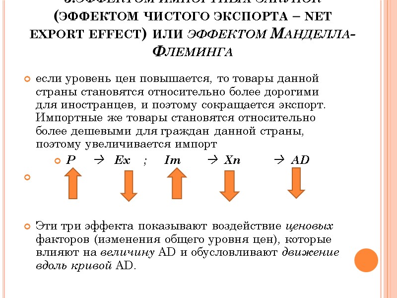3.эффектом импортных закупок (эффектом чистого экспорта – net export effect) или эффектом Манделла-Флеминга если